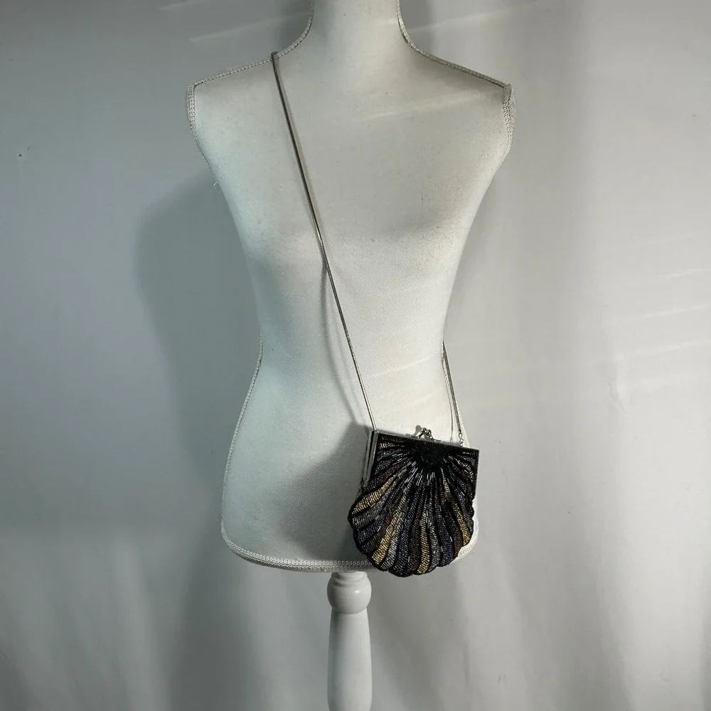 Rebecca‎ Malone Beaded Fan Evening Clutch Purse Silver Chain Flapper Art Deco